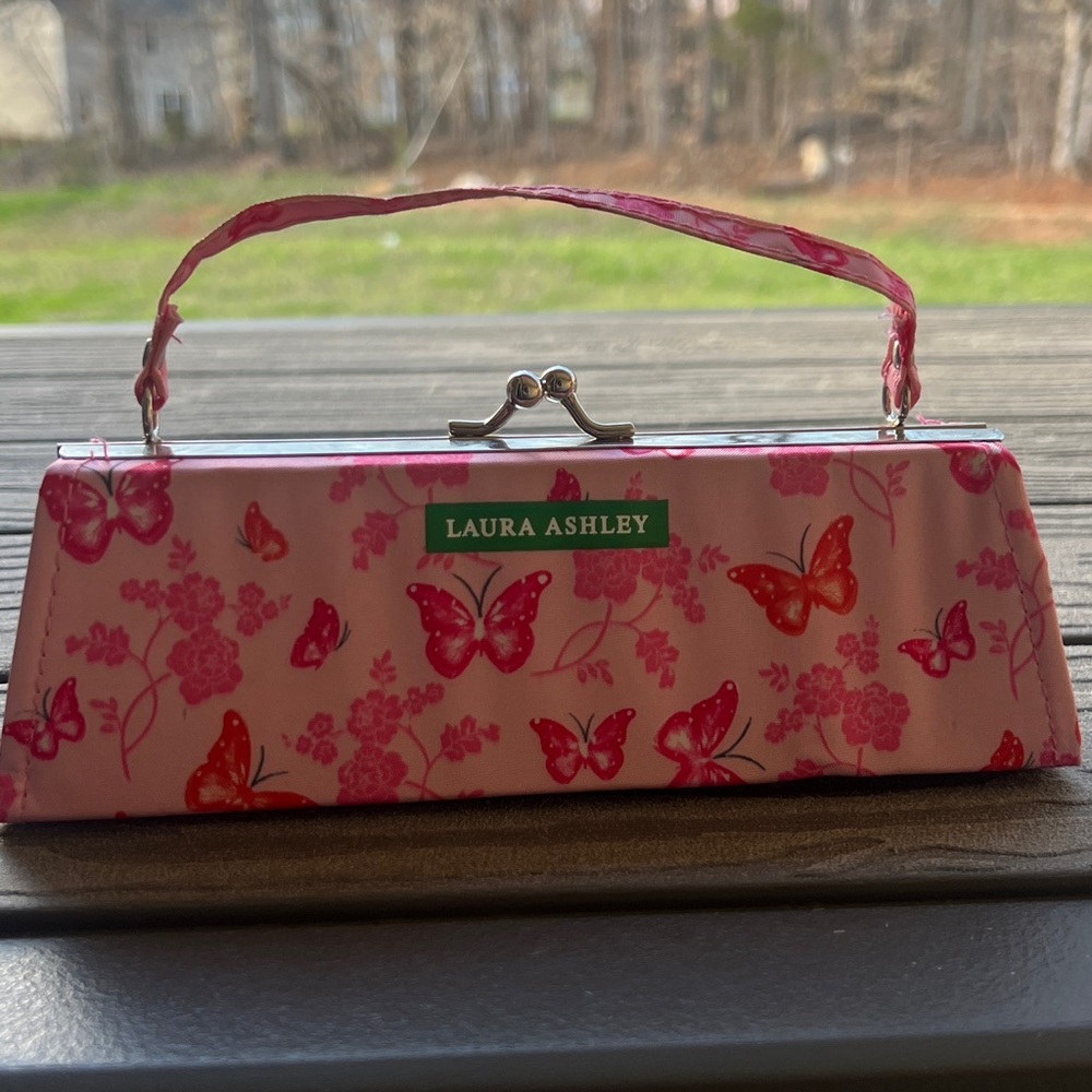 Laura Ashley Pink Butterfly Purse Floral Clutch bag Hard case Pencil bag